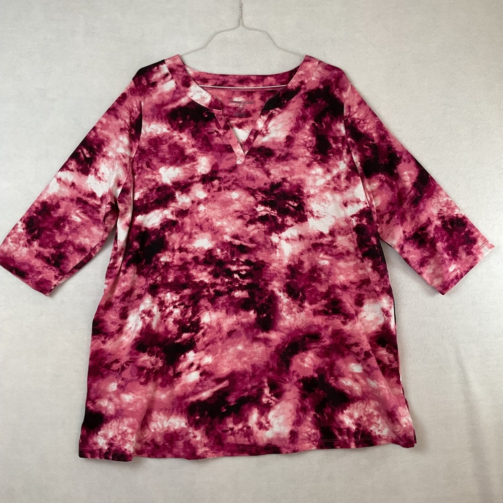 Woman Within Pink Tie Dye Split Neck Tunic Top 3/4 Sleeve 1X 22/24 Knit
